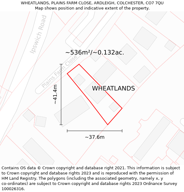 WHEATLANDS, PLAINS FARM CLOSE, ARDLEIGH, COLCHESTER, CO7 7QU: Plot and title map