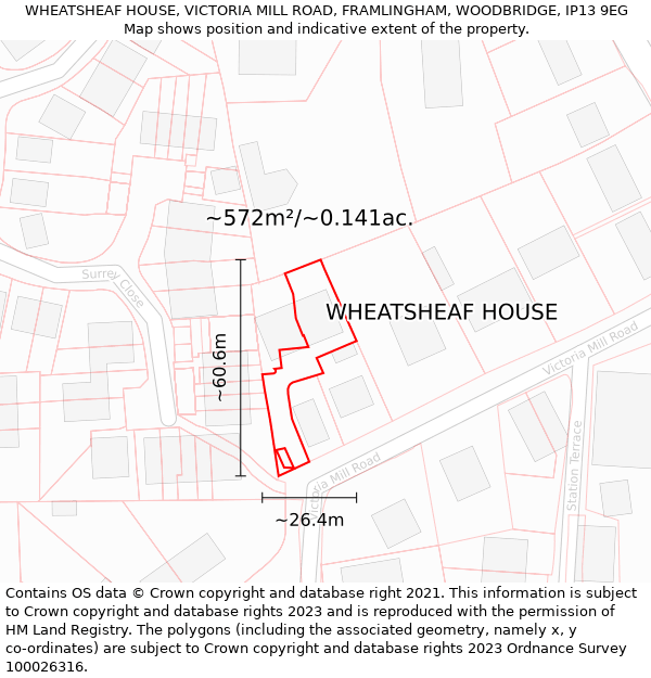 WHEATSHEAF HOUSE, VICTORIA MILL ROAD, FRAMLINGHAM, WOODBRIDGE, IP13 9EG: Plot and title map
