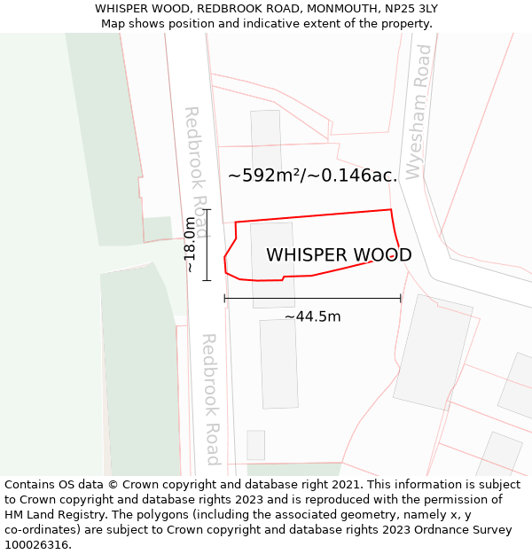 WHISPER WOOD, REDBROOK ROAD, MONMOUTH, NP25 3LY: Plot and title map