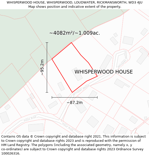 WHISPERWOOD HOUSE, WHISPERWOOD, LOUDWATER, RICKMANSWORTH, WD3 4JU: Plot and title map