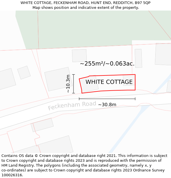 WHITE COTTAGE, FECKENHAM ROAD, HUNT END, REDDITCH, B97 5QP: Plot and title map