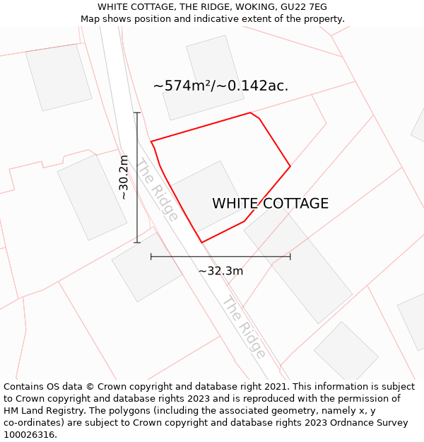 WHITE COTTAGE, THE RIDGE, WOKING, GU22 7EG: Plot and title map