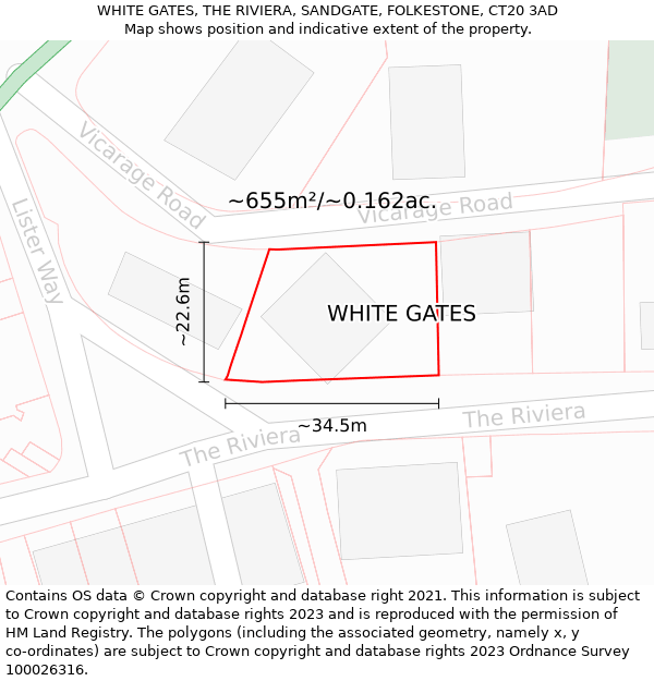 WHITE GATES, THE RIVIERA, SANDGATE, FOLKESTONE, CT20 3AD: Plot and title map