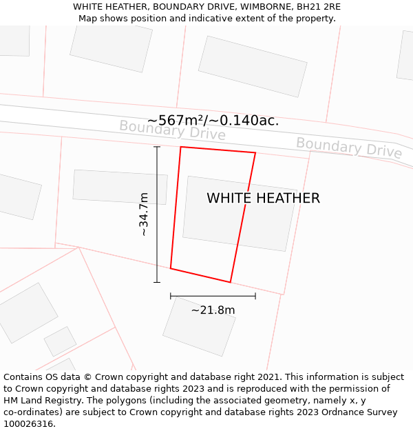 WHITE HEATHER, BOUNDARY DRIVE, WIMBORNE, BH21 2RE: Plot and title map