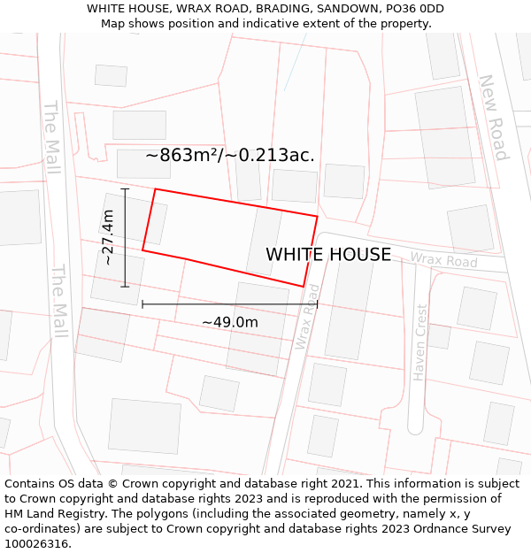 WHITE HOUSE, WRAX ROAD, BRADING, SANDOWN, PO36 0DD: Plot and title map