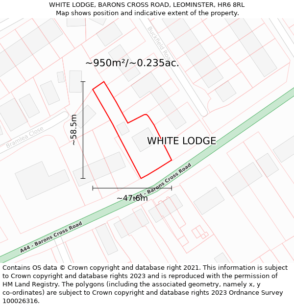 WHITE LODGE, BARONS CROSS ROAD, LEOMINSTER, HR6 8RL: Plot and title map