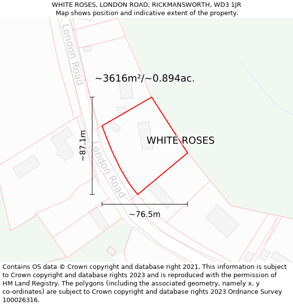WHITE ROSES, LONDON ROAD, RICKMANSWORTH, WD3 1JR: Plot and title map