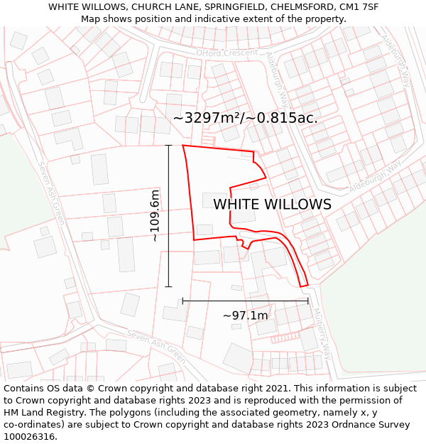 WHITE WILLOWS, CHURCH LANE, SPRINGFIELD, CHELMSFORD, CM1 7SF: Plot and title map