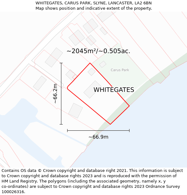 WHITEGATES, CARUS PARK, SLYNE, LANCASTER, LA2 6BN: Plot and title map