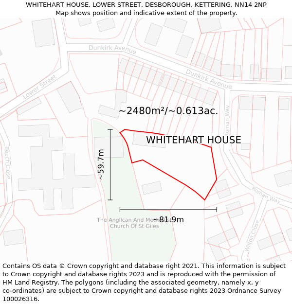 WHITEHART HOUSE, LOWER STREET, DESBOROUGH, KETTERING, NN14 2NP: Plot and title map