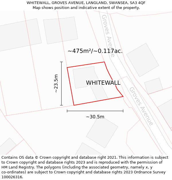 WHITEWALL, GROVES AVENUE, LANGLAND, SWANSEA, SA3 4QF: Plot and title map