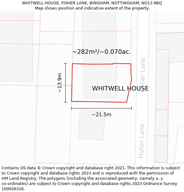 WHITWELL HOUSE, FISHER LANE, BINGHAM, NOTTINGHAM, NG13 8BQ: Plot and title map