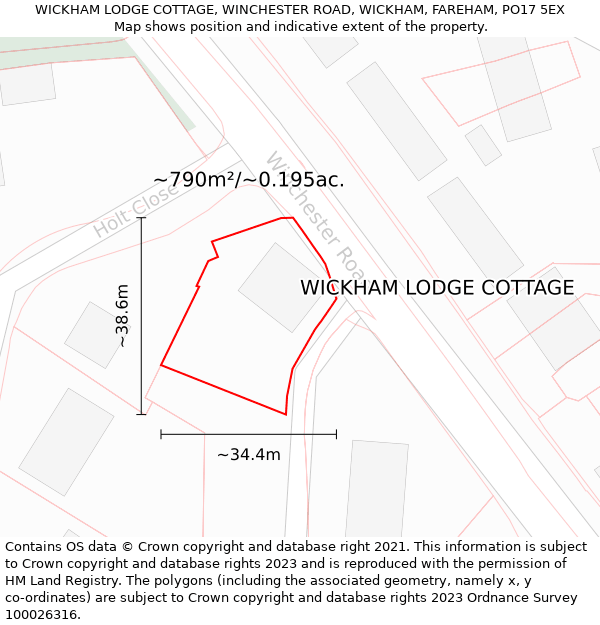 WICKHAM LODGE COTTAGE, WINCHESTER ROAD, WICKHAM, FAREHAM, PO17 5EX: Plot and title map