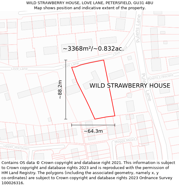 WILD STRAWBERRY HOUSE, LOVE LANE, PETERSFIELD, GU31 4BU: Plot and title map
