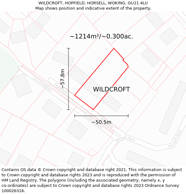 WILDCROFT, HOPFIELD, HORSELL, WOKING, GU21 4LU: Plot and title map