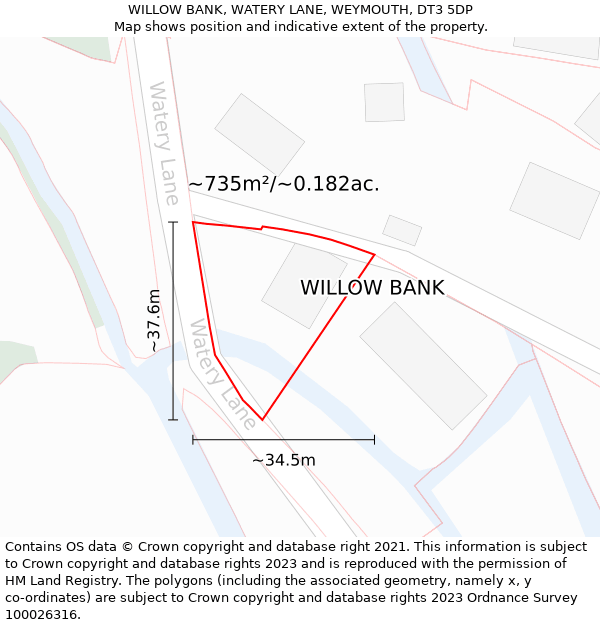 WILLOW BANK, WATERY LANE, WEYMOUTH, DT3 5DP: Plot and title map