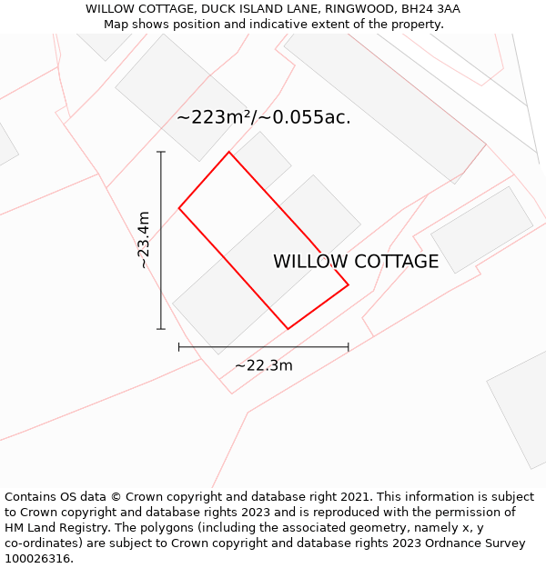 WILLOW COTTAGE, DUCK ISLAND LANE, RINGWOOD, BH24 3AA: Plot and title map