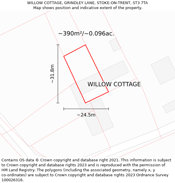 WILLOW COTTAGE, GRINDLEY LANE, STOKE-ON-TRENT, ST3 7TA: Plot and title map