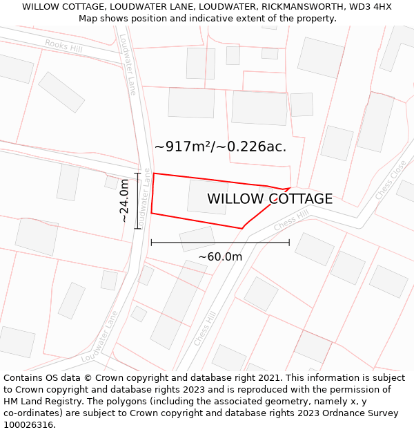 WILLOW COTTAGE, LOUDWATER LANE, LOUDWATER, RICKMANSWORTH, WD3 4HX: Plot and title map