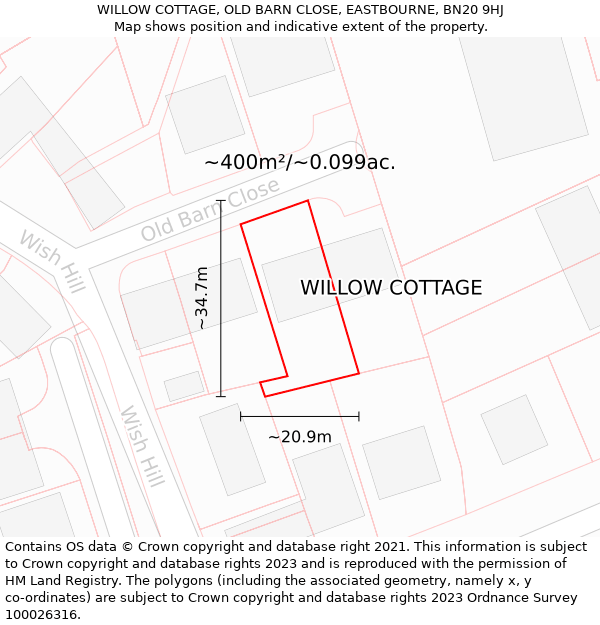 WILLOW COTTAGE, OLD BARN CLOSE, EASTBOURNE, BN20 9HJ: Plot and title map
