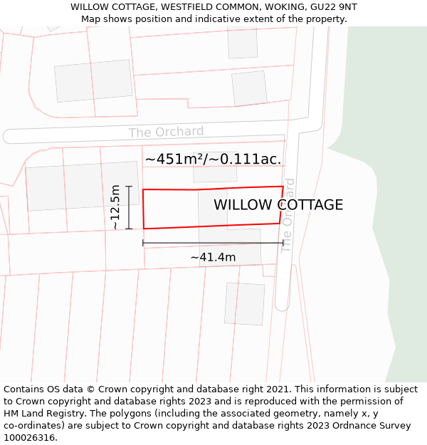 WILLOW COTTAGE, WESTFIELD COMMON, WOKING, GU22 9NT: Plot and title map