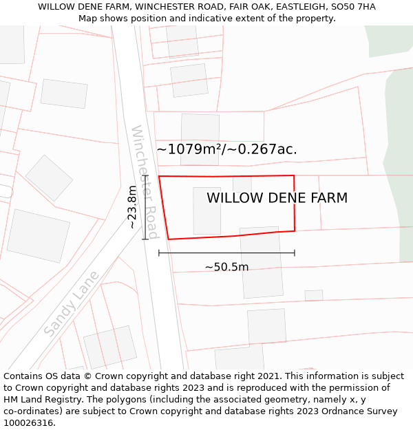 WILLOW DENE FARM, WINCHESTER ROAD, FAIR OAK, EASTLEIGH, SO50 7HA: Plot and title map