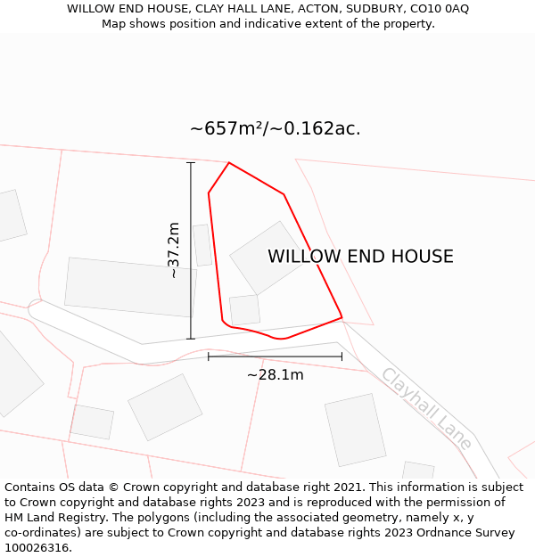 WILLOW END HOUSE, CLAY HALL LANE, ACTON, SUDBURY, CO10 0AQ: Plot and title map