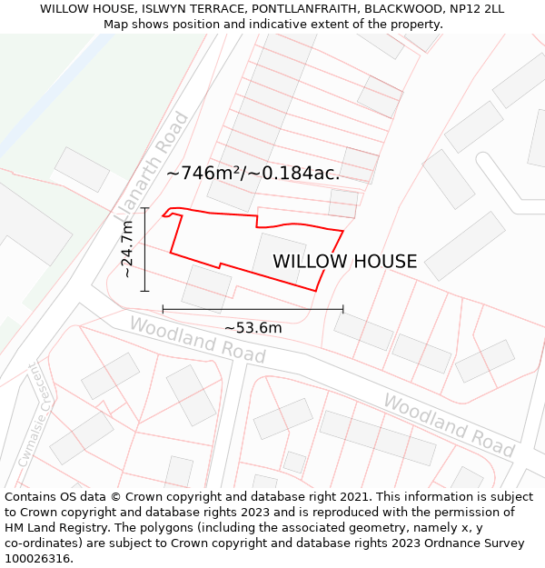 WILLOW HOUSE, ISLWYN TERRACE, PONTLLANFRAITH, BLACKWOOD, NP12 2LL: Plot and title map
