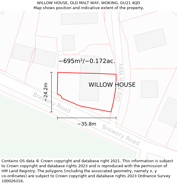 WILLOW HOUSE, OLD MALT WAY, WOKING, GU21 4QD: Plot and title map