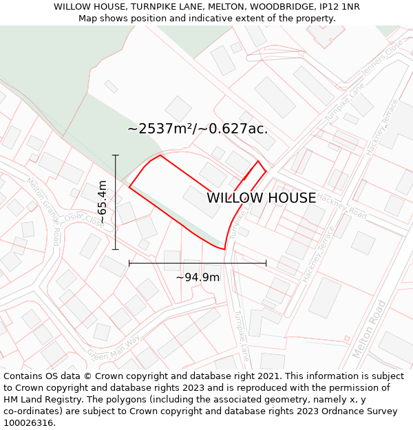 WILLOW HOUSE, TURNPIKE LANE, MELTON, WOODBRIDGE, IP12 1NR: Plot and title map