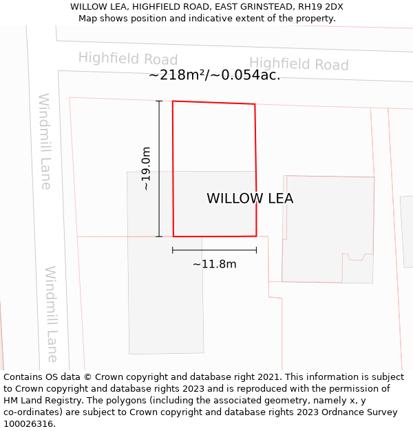 WILLOW LEA, HIGHFIELD ROAD, EAST GRINSTEAD, RH19 2DX: Plot and title map