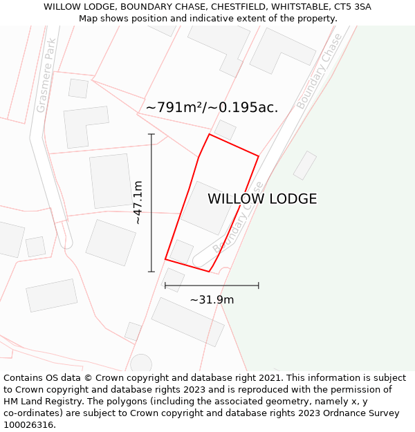 WILLOW LODGE, BOUNDARY CHASE, CHESTFIELD, WHITSTABLE, CT5 3SA: Plot and title map