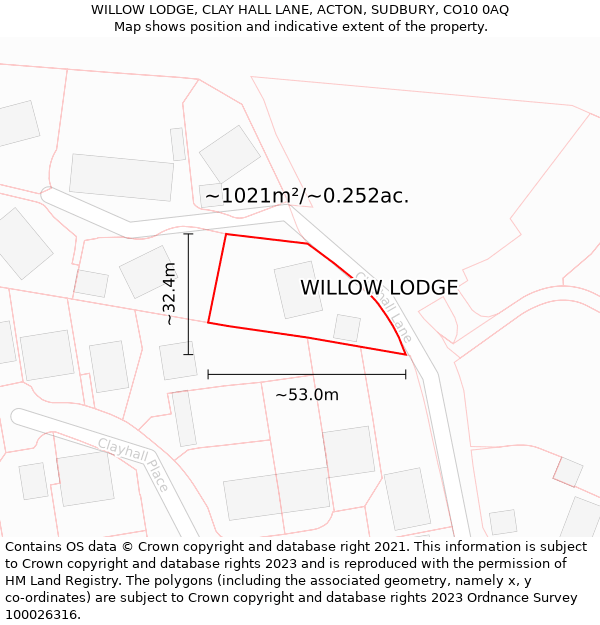 WILLOW LODGE, CLAY HALL LANE, ACTON, SUDBURY, CO10 0AQ: Plot and title map