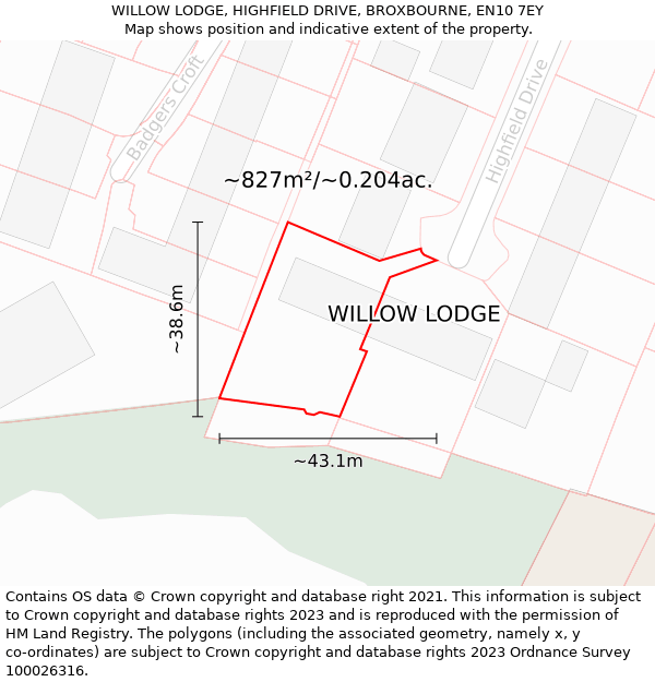 WILLOW LODGE, HIGHFIELD DRIVE, BROXBOURNE, EN10 7EY: Plot and title map