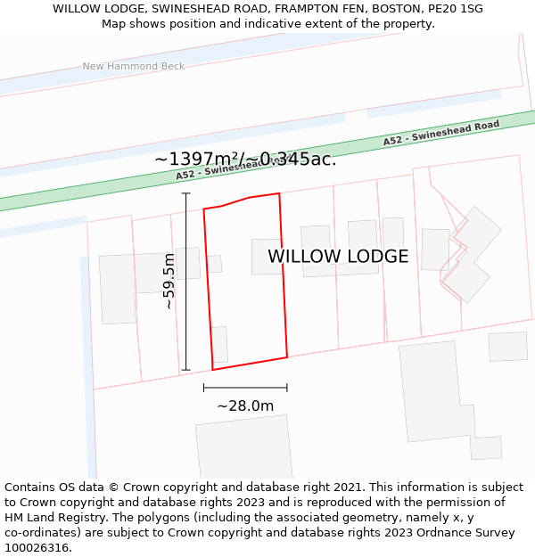 WILLOW LODGE, SWINESHEAD ROAD, FRAMPTON FEN, BOSTON, PE20 1SG: Plot and title map