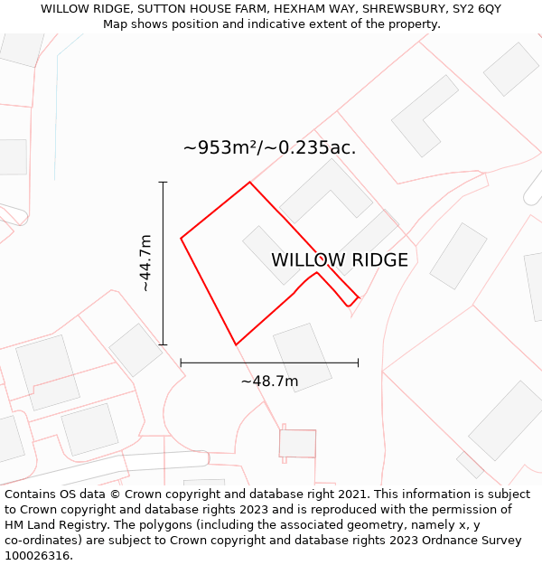 WILLOW RIDGE, SUTTON HOUSE FARM, HEXHAM WAY, SHREWSBURY, SY2 6QY: Plot and title map