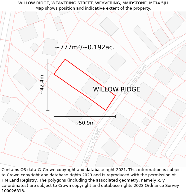 WILLOW RIDGE, WEAVERING STREET, WEAVERING, MAIDSTONE, ME14 5JH: Plot and title map