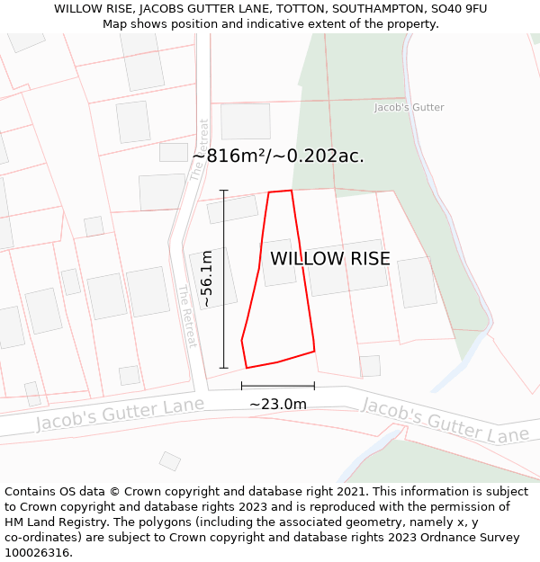 WILLOW RISE, JACOBS GUTTER LANE, TOTTON, SOUTHAMPTON, SO40 9FU: Plot and title map