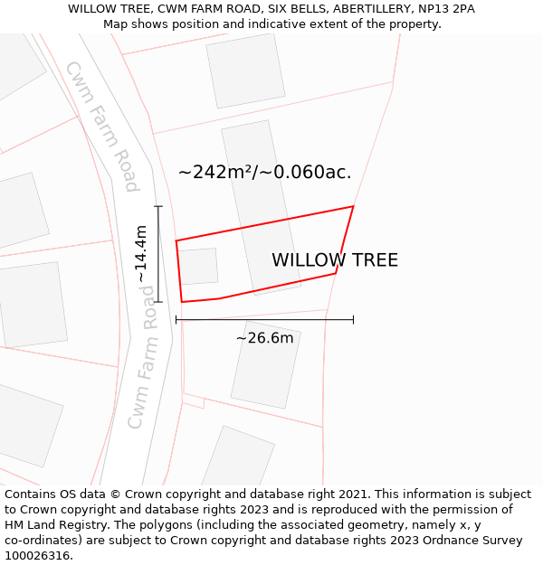 WILLOW TREE, CWM FARM ROAD, SIX BELLS, ABERTILLERY, NP13 2PA: Plot and title map