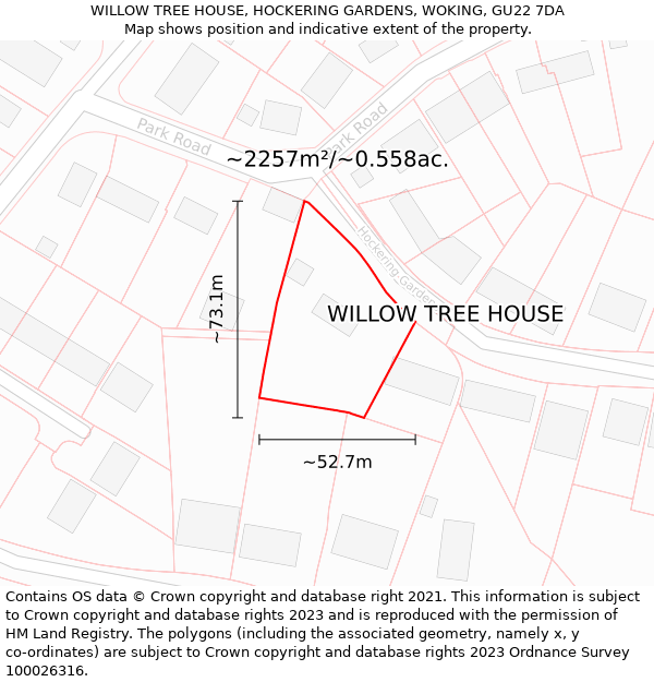 WILLOW TREE HOUSE, HOCKERING GARDENS, WOKING, GU22 7DA: Plot and title map