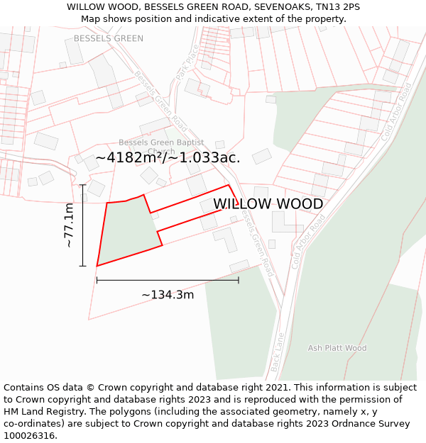 WILLOW WOOD, BESSELS GREEN ROAD, SEVENOAKS, TN13 2PS: Plot and title map