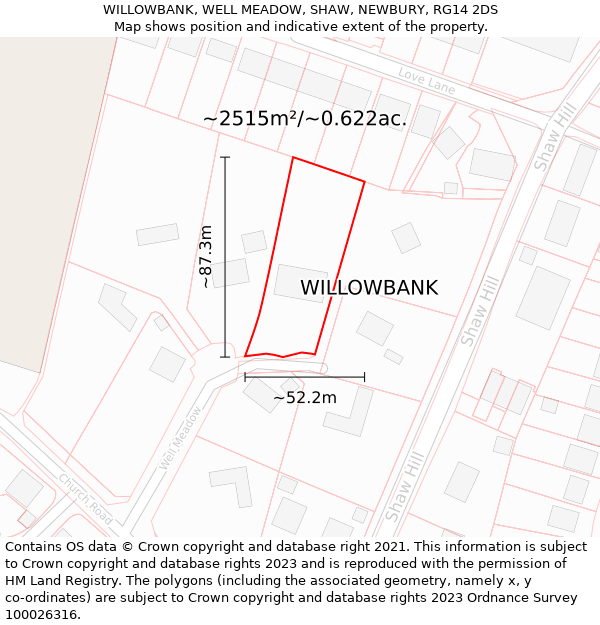WILLOWBANK, WELL MEADOW, SHAW, NEWBURY, RG14 2DS: Plot and title map