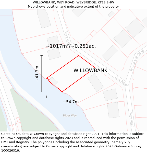 WILLOWBANK, WEY ROAD, WEYBRIDGE, KT13 8HW: Plot and title map