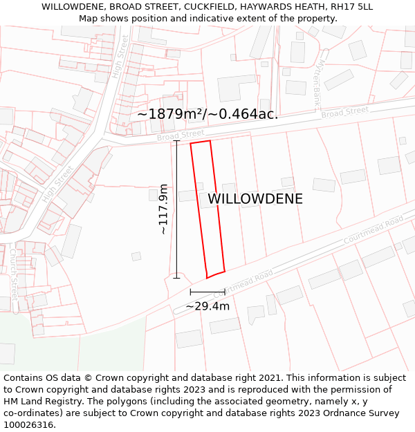WILLOWDENE, BROAD STREET, CUCKFIELD, HAYWARDS HEATH, RH17 5LL: Plot and title map