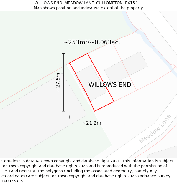 WILLOWS END, MEADOW LANE, CULLOMPTON, EX15 1LL: Plot and title map