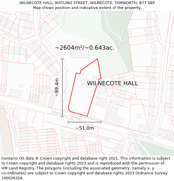 WILNECOTE HALL, WATLING STREET, WILNECOTE, TAMWORTH, B77 5BP: Plot and title map