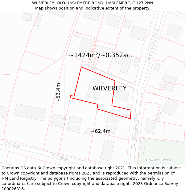WILVERLEY, OLD HASLEMERE ROAD, HASLEMERE, GU27 2NN: Plot and title map