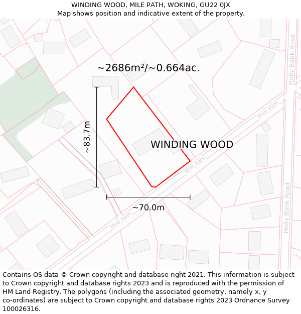 WINDING WOOD, MILE PATH, WOKING, GU22 0JX: Plot and title map