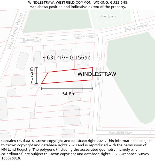 WINDLESTRAW, WESTFIELD COMMON, WOKING, GU22 9NS: Plot and title map