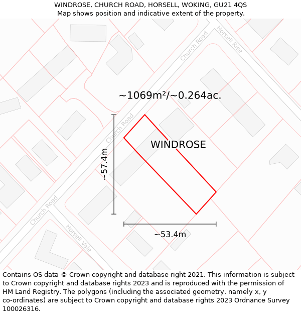 WINDROSE, CHURCH ROAD, HORSELL, WOKING, GU21 4QS: Plot and title map